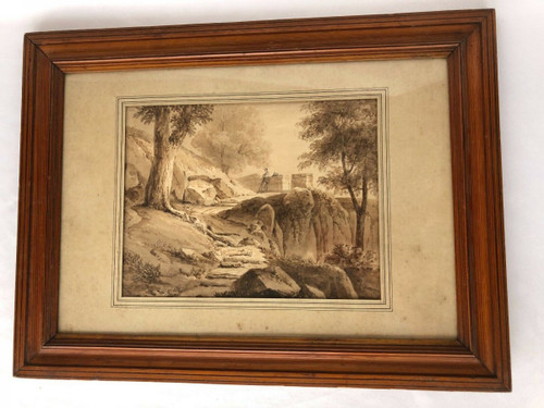 Drawing or wash by Jean-Jacques Champin scene with character