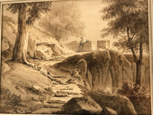 Drawing or wash by Jean-Jacques Champin scene with character