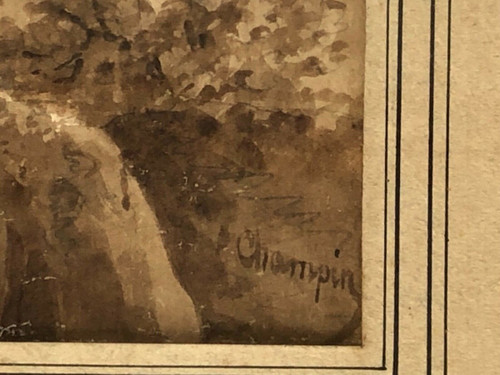 Drawing or wash by Jean-Jacques Champin scene with character
