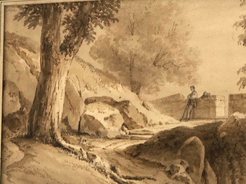 Drawing or wash by Jean-Jacques Champin scene with character