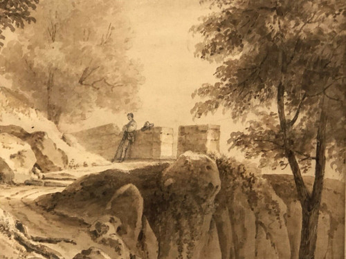 Drawing or wash by Jean-Jacques Champin scene with character
