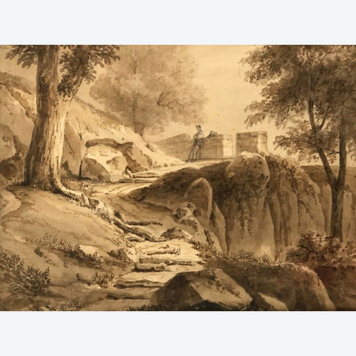 Drawing or wash by Jean-Jacques Champin scene with character