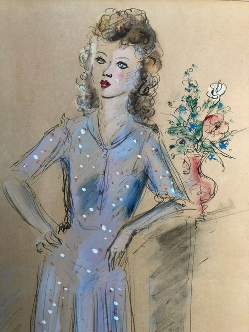 Watercolor drawing enhanced with a woman 1943 signed André Dignimont