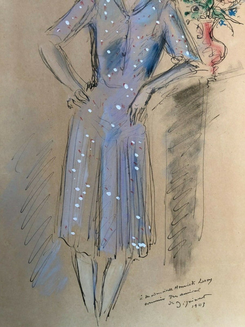 Watercolor drawing enhanced with a woman 1943 signed André Dignimont