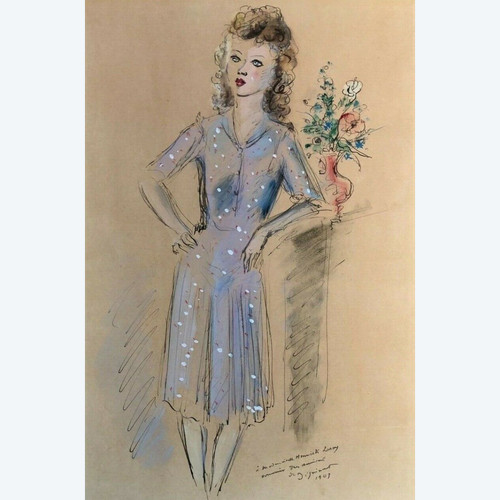 Watercolor drawing enhanced with a woman 1943 signed André Dignimont
