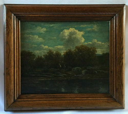 Huile sur panneau de bois par Chevallier 1878 scène Barbizon cadre en bois