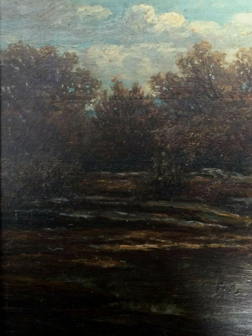 Huile sur panneau de bois par Chevallier 1878 scène Barbizon cadre en bois