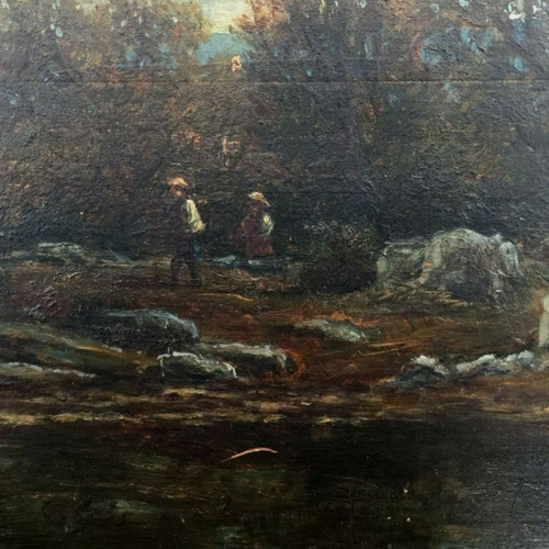 Huile sur panneau de bois par Chevallier 1878 scène Barbizon cadre en bois