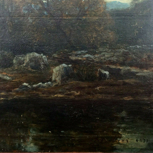 Huile sur panneau de bois par Chevallier 1878 scène Barbizon cadre en bois