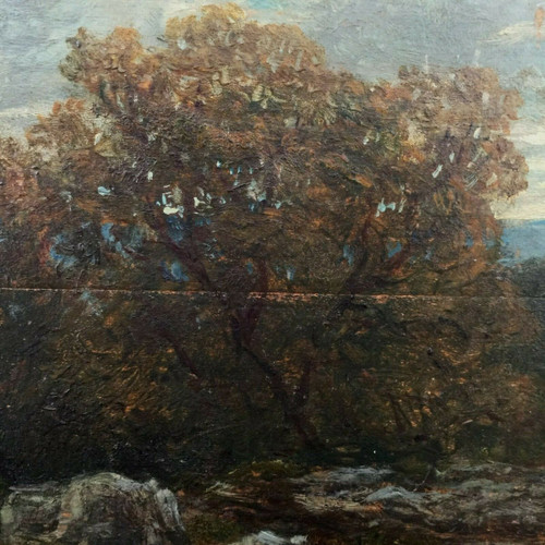 Huile sur panneau de bois par Chevallier 1878 scène Barbizon cadre en bois