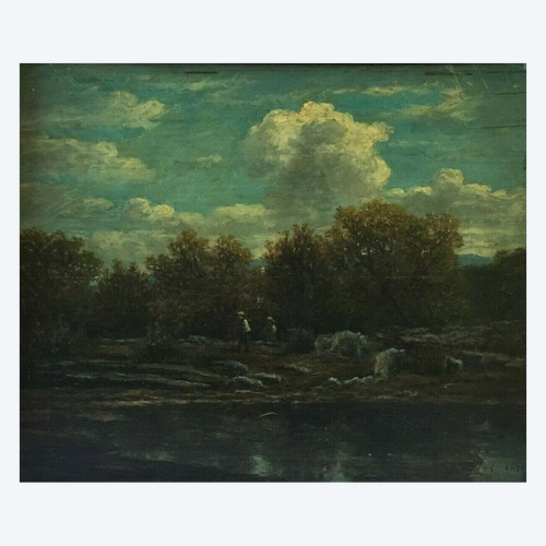 Huile sur panneau de bois par Chevallier 1878 scène Barbizon cadre en bois