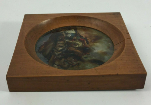 Miniature sous verre scène de bataille avec chevaux XIXe cadre en bois