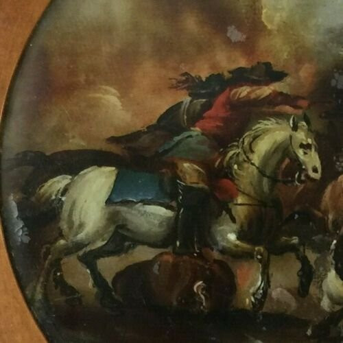 Miniature sous verre scène de bataille avec chevaux XIXe cadre en bois