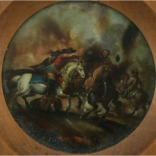 Miniature sous verre scène de bataille avec chevaux XIXe cadre en bois