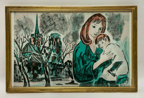 Watercolor on paper by Henry d'Anty woman with child in front of a cathedral