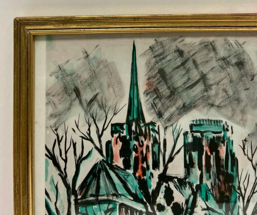 Watercolor on paper by Henry d'Anty woman with child in front of a cathedral