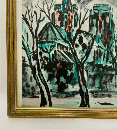 Watercolor on paper by Henry d'Anty woman with child in front of a cathedral