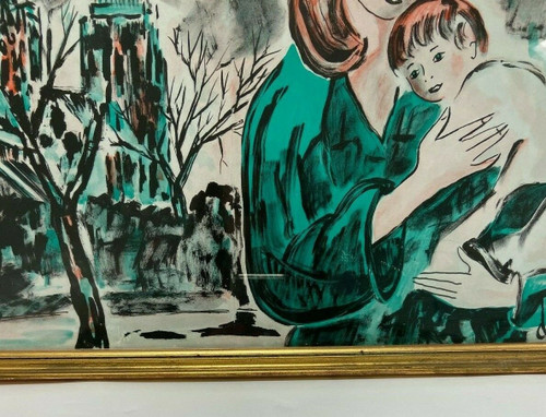Watercolor on paper by Henry d'Anty woman with child in front of a cathedral