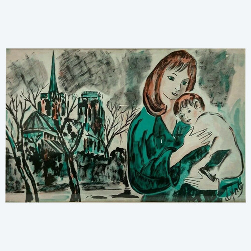 Watercolor on paper by Henry d'Anty woman with child in front of a cathedral