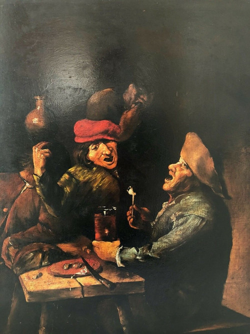 Huile sur panneau de cuivre scène de taverne XIXe cadre en bois