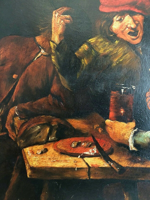 Huile sur panneau de cuivre scène de taverne XIXe cadre en bois
