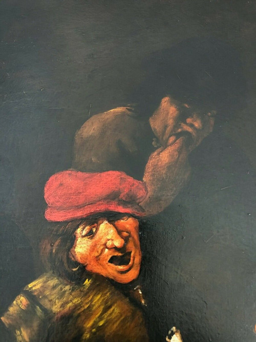 Huile sur panneau de cuivre scène de taverne XIXe cadre en bois