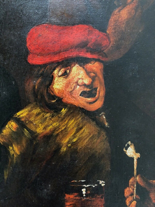 Huile sur panneau de cuivre scène de taverne XIXe cadre en bois