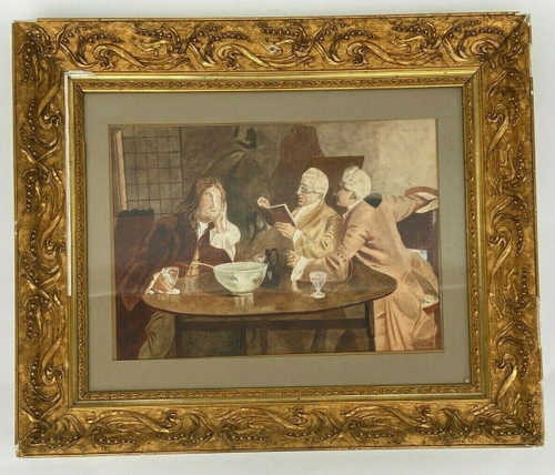 Watercolor on Leray paper Interior scene Men's tavern from the 18th century