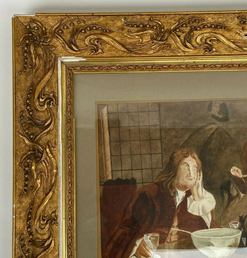 Watercolor on Leray paper Interior scene Men's tavern from the 18th century