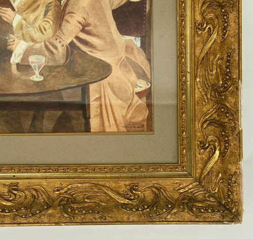 Watercolor on Leray paper Interior scene Men's tavern from the 18th century
