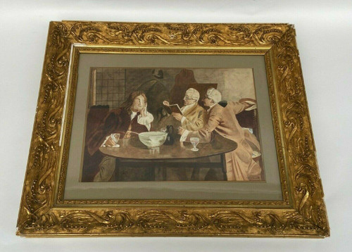 Watercolor on Leray paper Interior scene Men's tavern from the 18th century
