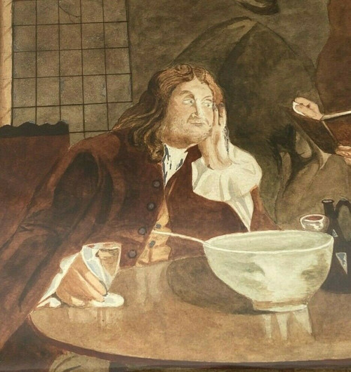 Watercolor on Leray paper Interior scene Men's tavern from the 18th century