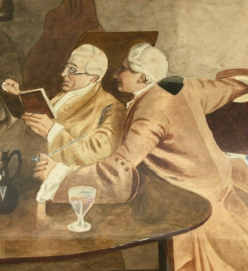 Watercolor on Leray paper Interior scene Men's tavern from the 18th century