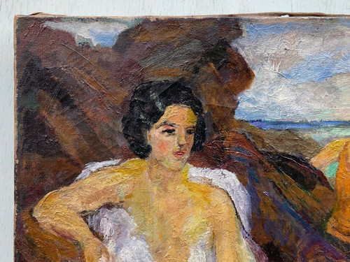 Öl auf Leinwand, Strandszene, 1930, Malerstaffelei