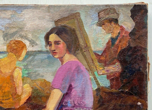 Öl auf Leinwand, Strandszene, 1930, Malerstaffelei
