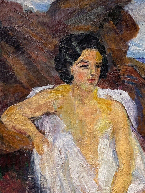 Öl auf Leinwand, Strandszene, 1930, Malerstaffelei