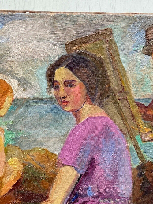 Öl auf Leinwand, Strandszene, 1930, Malerstaffelei