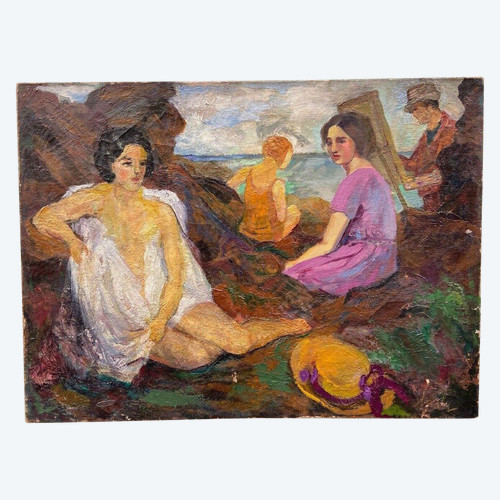 Öl auf Leinwand, Strandszene, 1930, Malerstaffelei