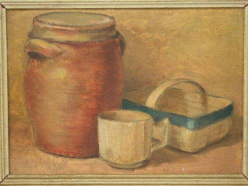 Natura morta olio su tavola vaso e cesto in grès 1943