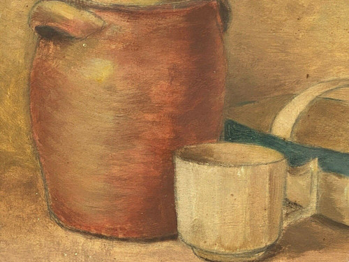 Natura morta olio su tavola vaso e cesto in grès 1943