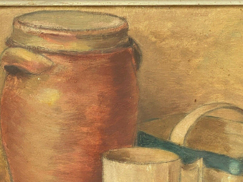 Natura morta olio su tavola vaso e cesto in grès 1943