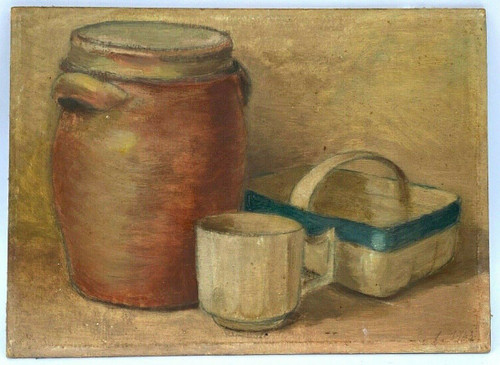Natura morta olio su tavola vaso e cesto in grès 1943
