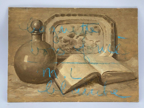 Natura morta olio su tavola vaso e cesto in grès 1943