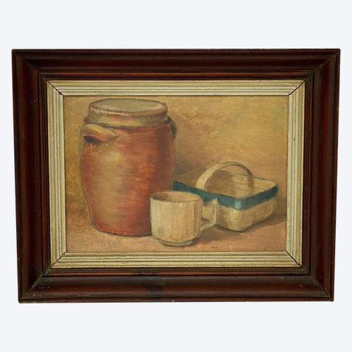 Natura morta olio su tavola vaso e cesto in grès 1943