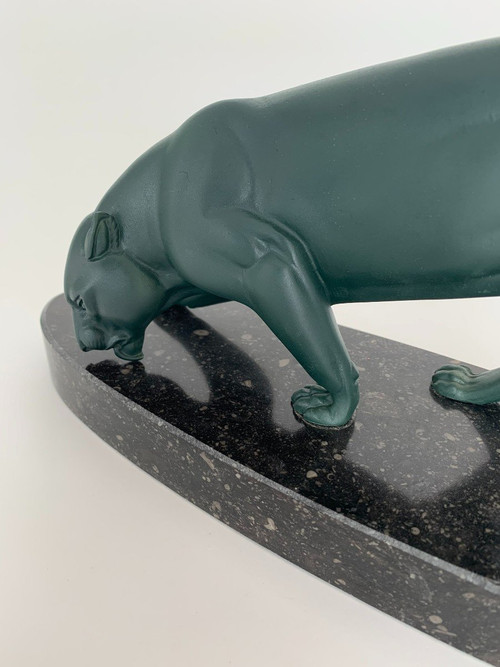 1930's Art Deco panther with green patina, regula marble base