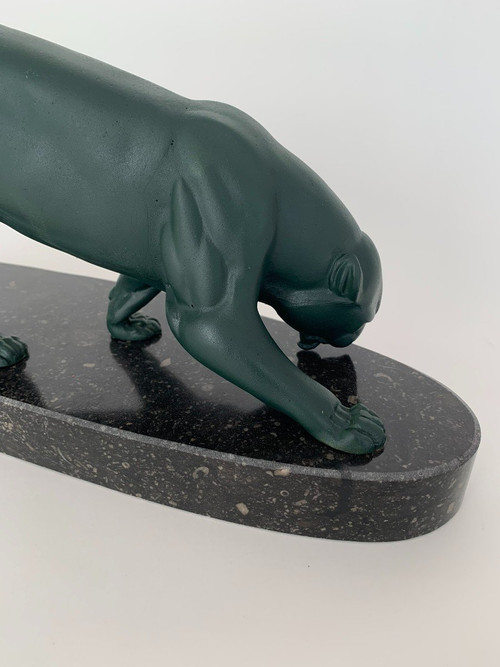 1930's Art Deco panther with green patina, regula marble base