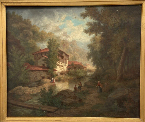 Huile sur toile par Claude Auguste Tamizier XIXe bord de rivière cadre à palmettes