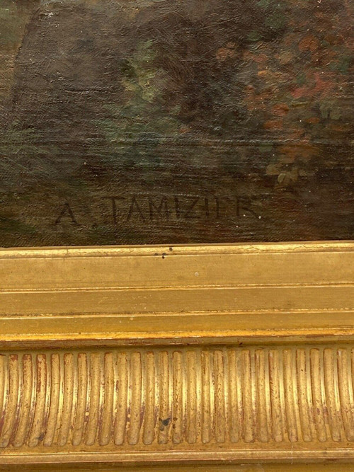 Huile sur toile par Claude Auguste Tamizier XIXe bord de rivière cadre à palmettes