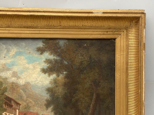 Huile sur toile par Claude Auguste Tamizier XIXe bord de rivière cadre à palmettes