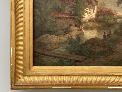 Huile sur toile par Claude Auguste Tamizier XIXe bord de rivière cadre à palmettes